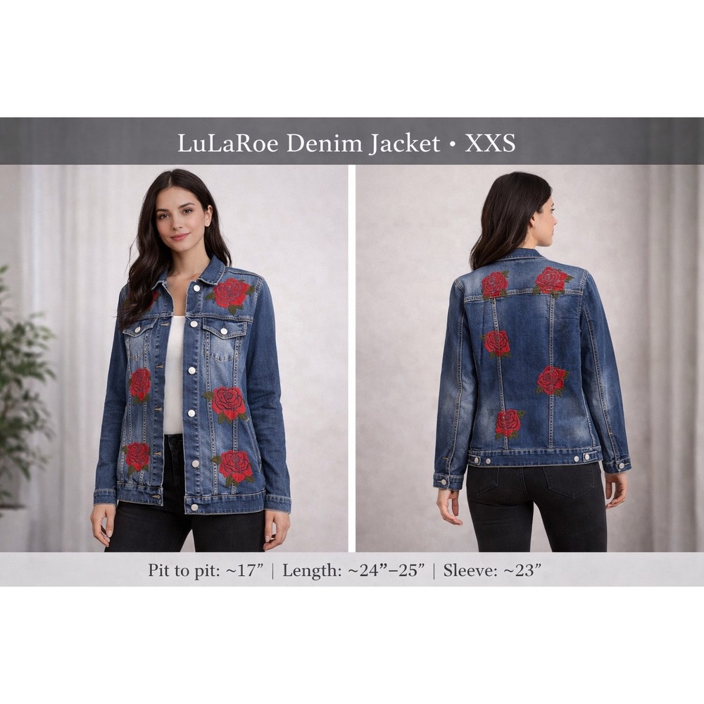 LuLaRoe Denim Jacket XXS Blue Dark Wash Red Rose Floral Embroidered Trucker